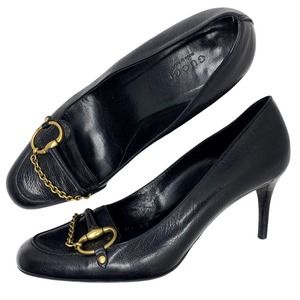Gucci Black Leather Horsebit Chain Loafer Heels Size 7